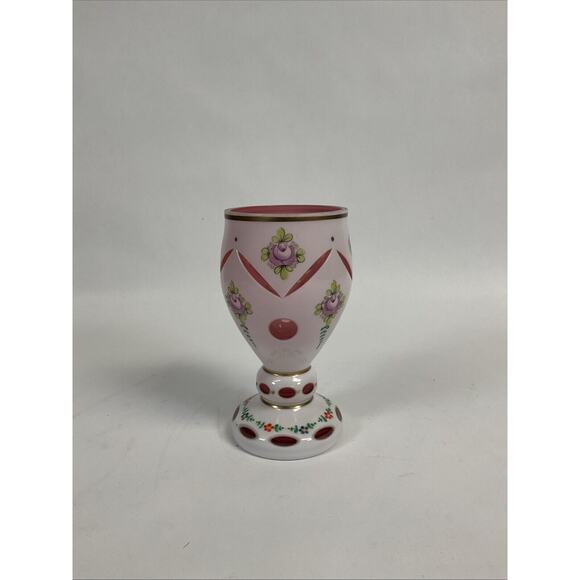 Vintage 1930’s Bohemian Cranberry White Overlay Floral Glass - 6.5"H - Picture 2 of 5